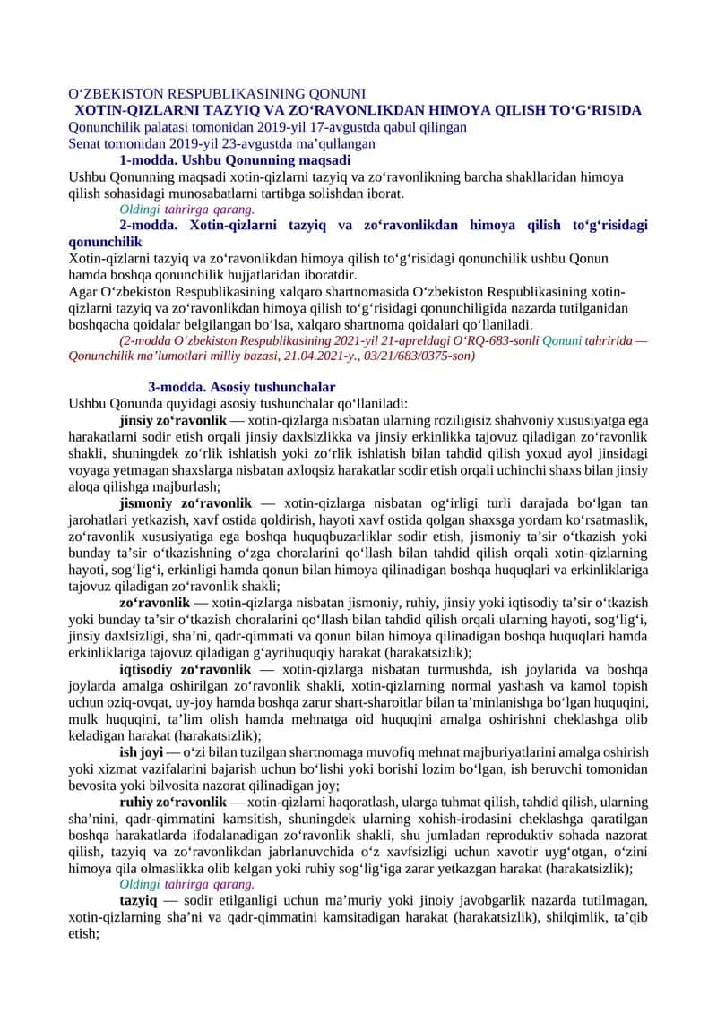 XOTIN-QIZLARNI TAZYIQ VA ZO‘RAVONLIKDAN HIMOYA QILISH TO‘G‘RISIDA