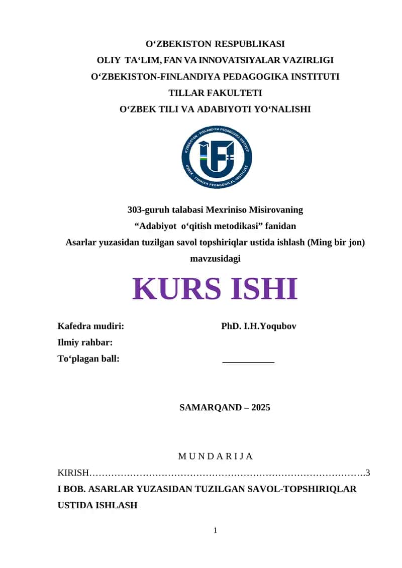 "Adabiyot o‘qitish metodikasi" Kurs ishi
