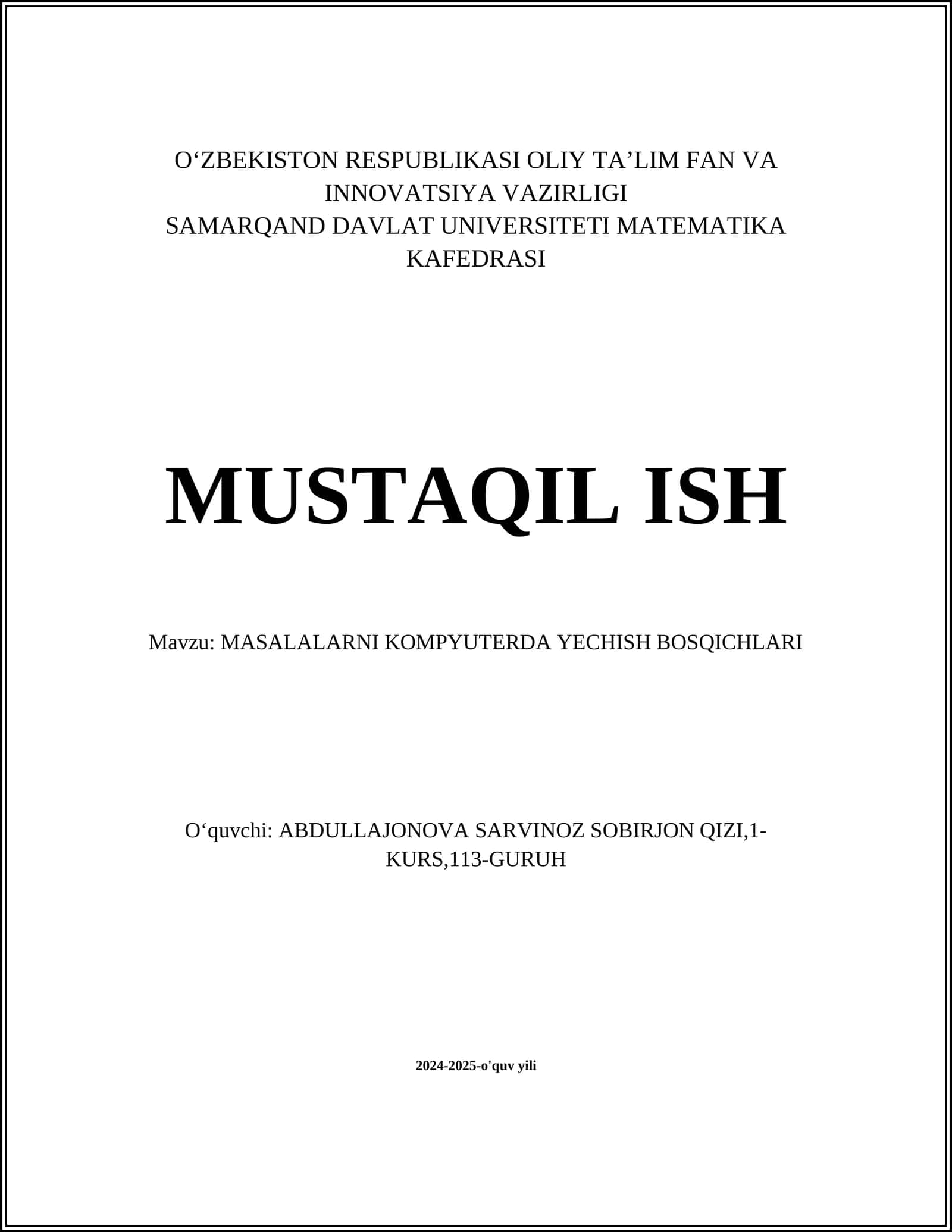 MASALALARNI KOMPYUTERDA YECHISH BOSQICHLARI