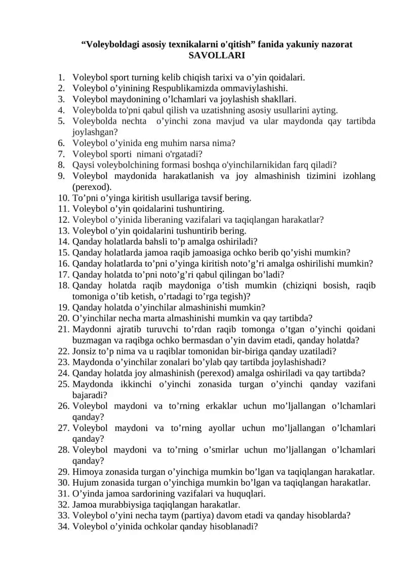 Voleyboldagi asosiy texnikalarni o'qitish