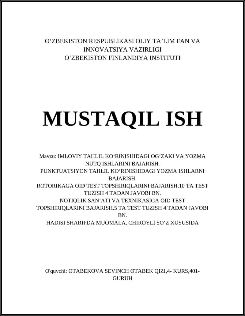 IMLOVIY TAHLIL KO'RINISHIDAGI OGʻZAKI VA YOZMA NUTQ ISHLARINI BAJARISH