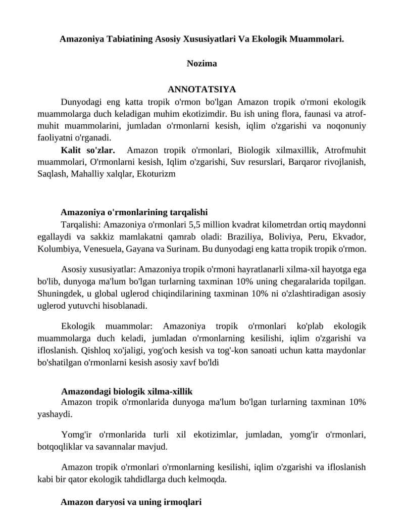 Amazoniya Tabiatining Asosiy Xususiyatlari Va Ekologik Muammolari