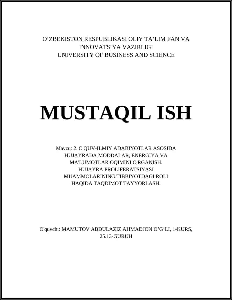 O'QUV-ILMIY ADABIYOTLAR ASOSIDA HUJAYRADA MODDALAR, ENERGIYA VA MA'LUMOTLAR OQIMINI O'RGANISH