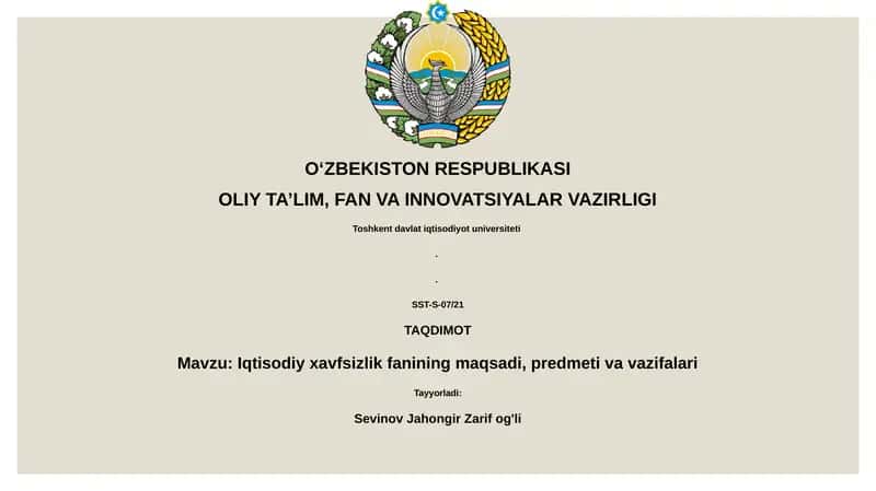 Iqtisodiy xavfsizlik fanining maqsadi, predmeti va vazifalari