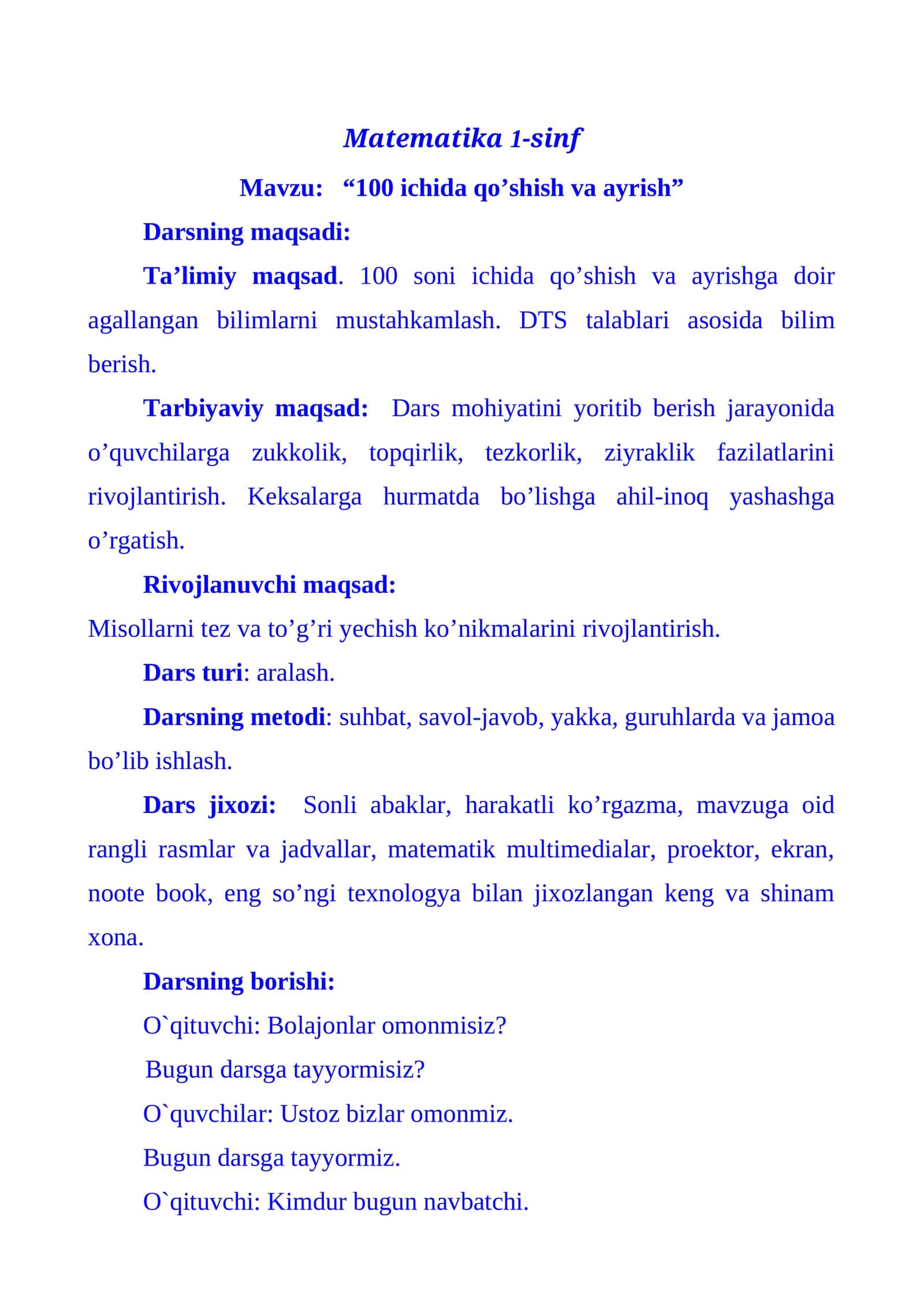 Matematika 1-sinf