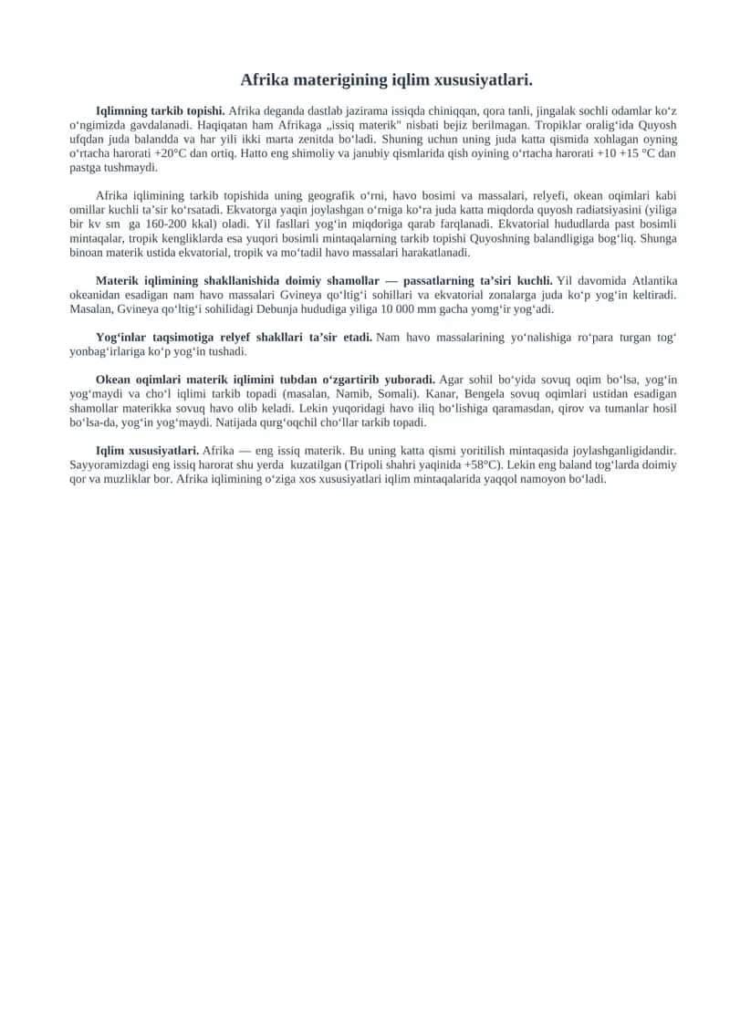 Afrika materigining iqlim xususiyatlari