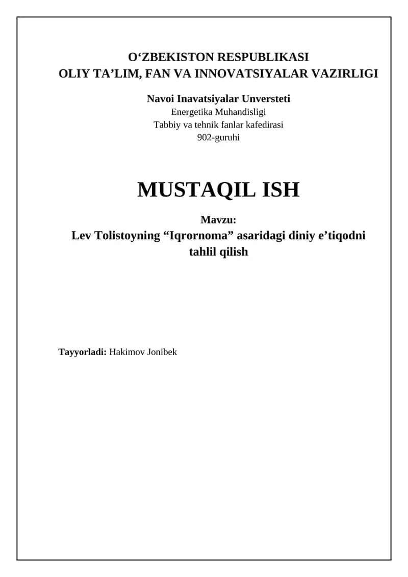 Lev Tolistoyning "Iqronoma" asaridagi diniy e’tiqodni tahlil qilish