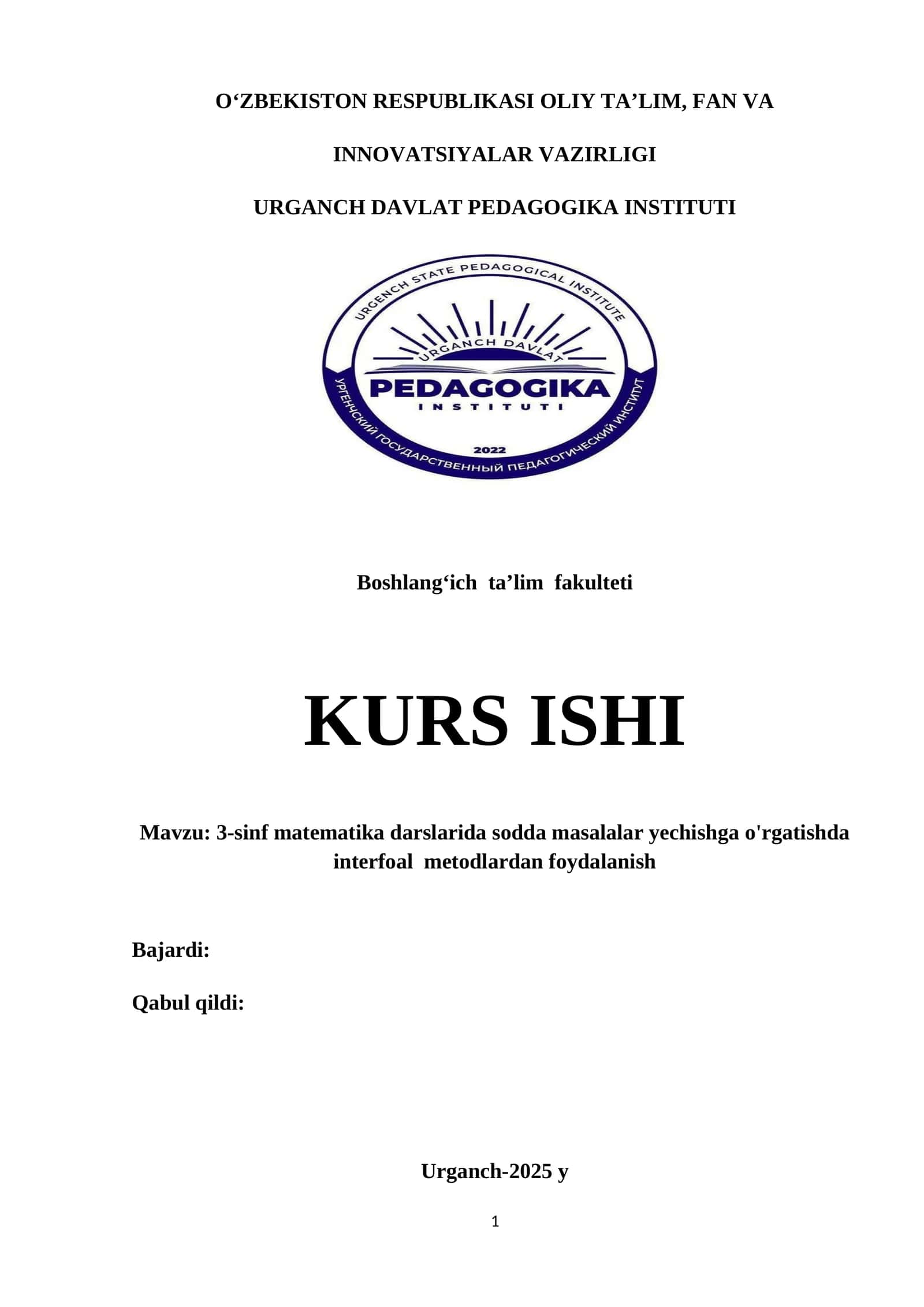 3-sinf matematika darslarida sodda masalalar yechishga o'rgatishda interfoal metodlardan foydalanish