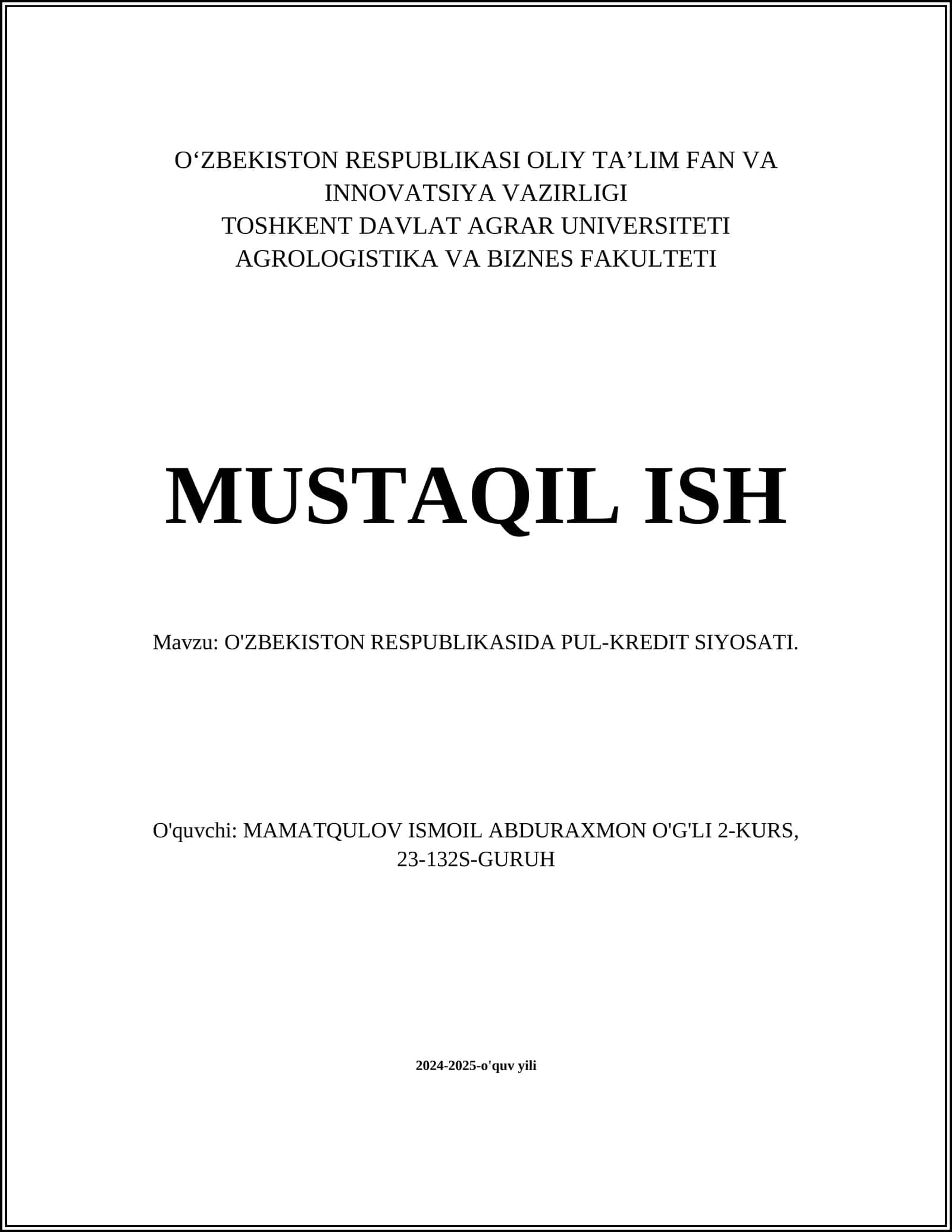 O'ZBEKISTON RESPUBLIKASIDA PUL-KREDIT SIYOSATI