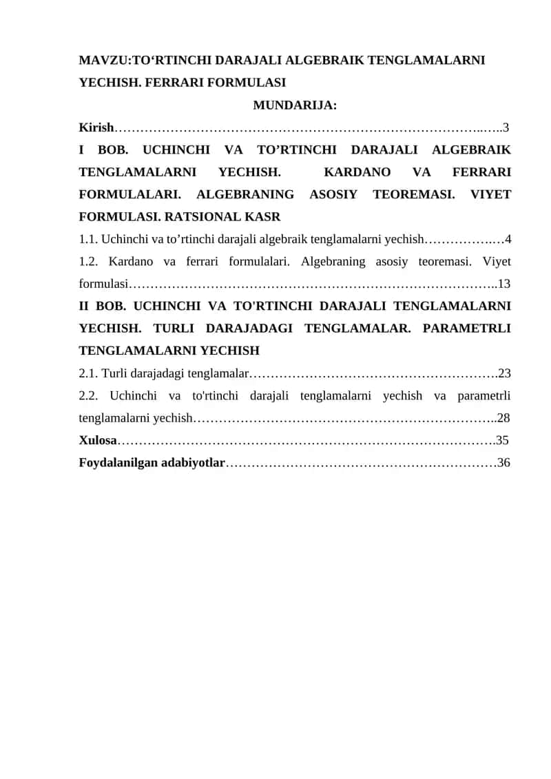 Uchinchi va To’rtinchi Darajali Algebraik Tenglamalarni Yechish