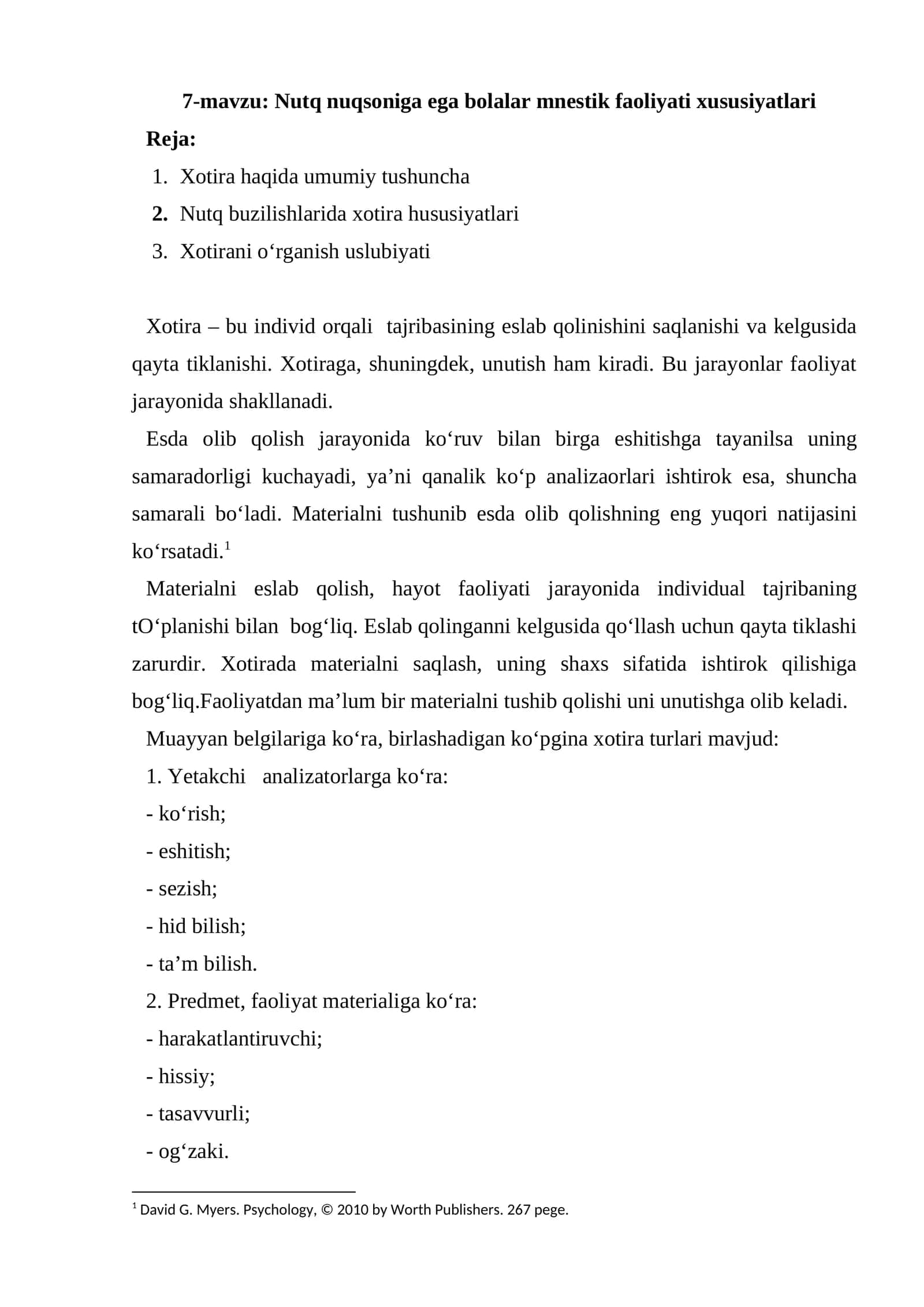Nutq nuqsoniga ega bolalar mnestik faoliyati xususiyatlari