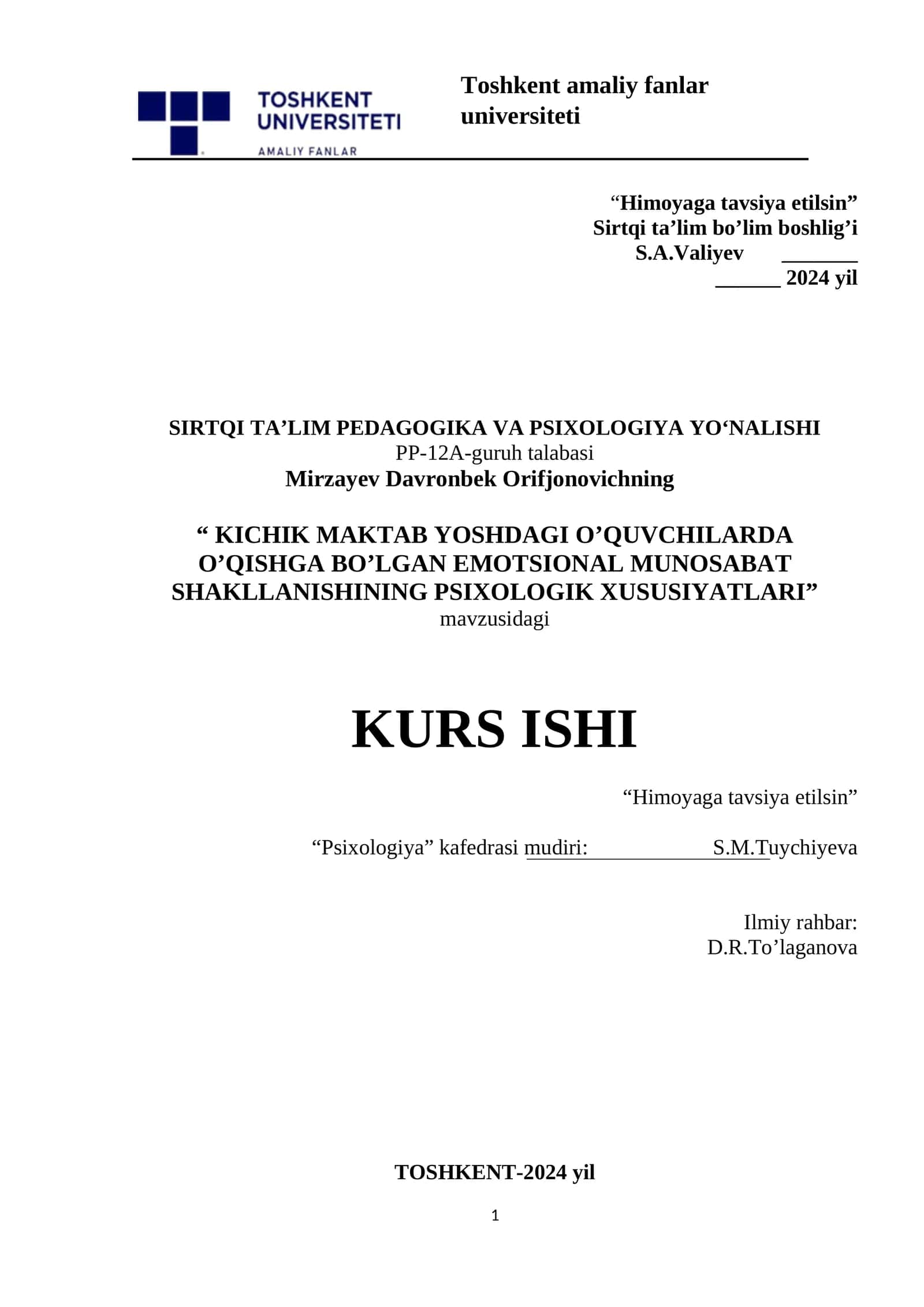 KICHIK MAKTAB YOSHDAGI O’QUVCHILARDA O’QISHGA BO’LGAN EMOTSIONAL MUNOSABAT SHAKLLANISHINING PSIXOLOGIK XUSUSIYATLARI