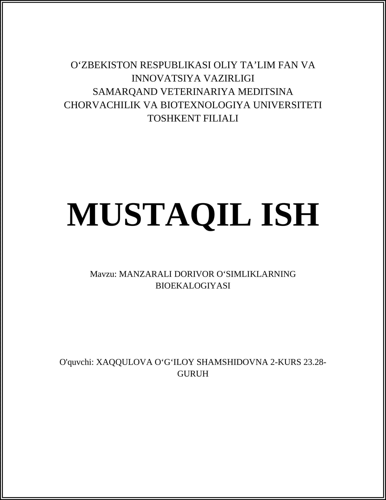 MANZARALI DORIVOR OʻSIMLIKLARNING BIOEKALOGIYASI