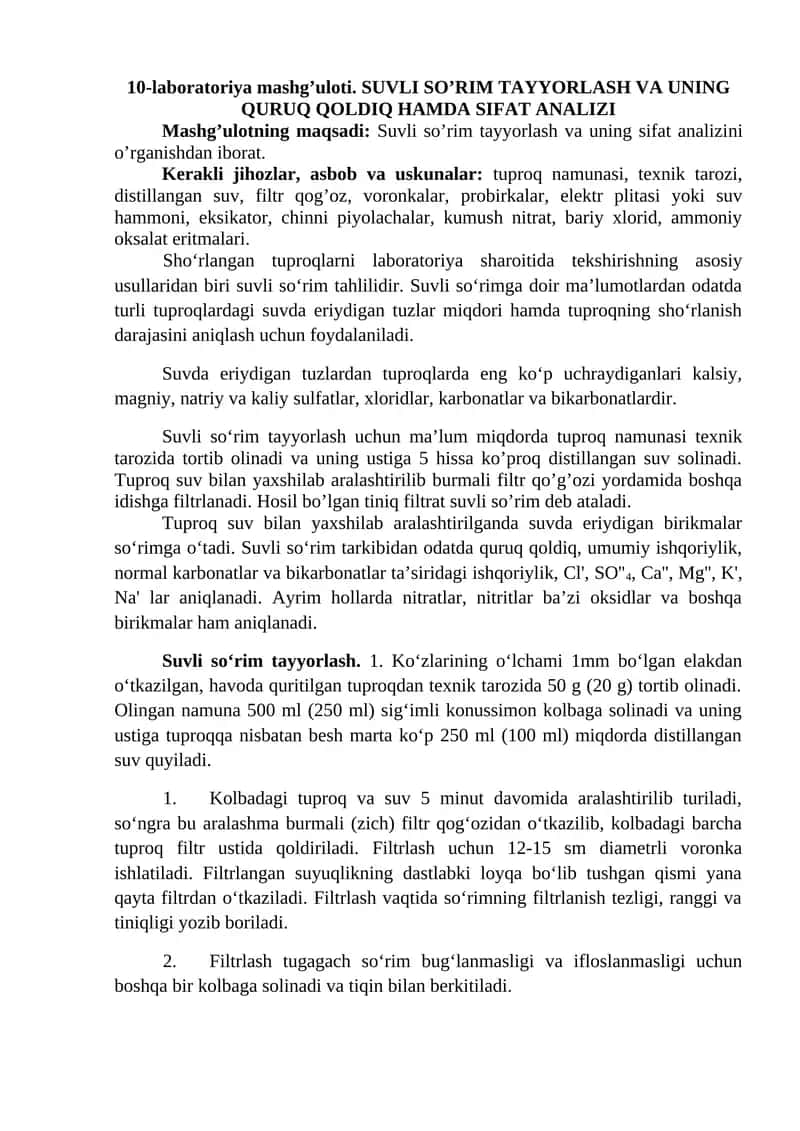 SUVLI SO’RIM TAYYORLASH VA UNING QURUQ QOLDIQ HAMDA SIFAT ANALIZI