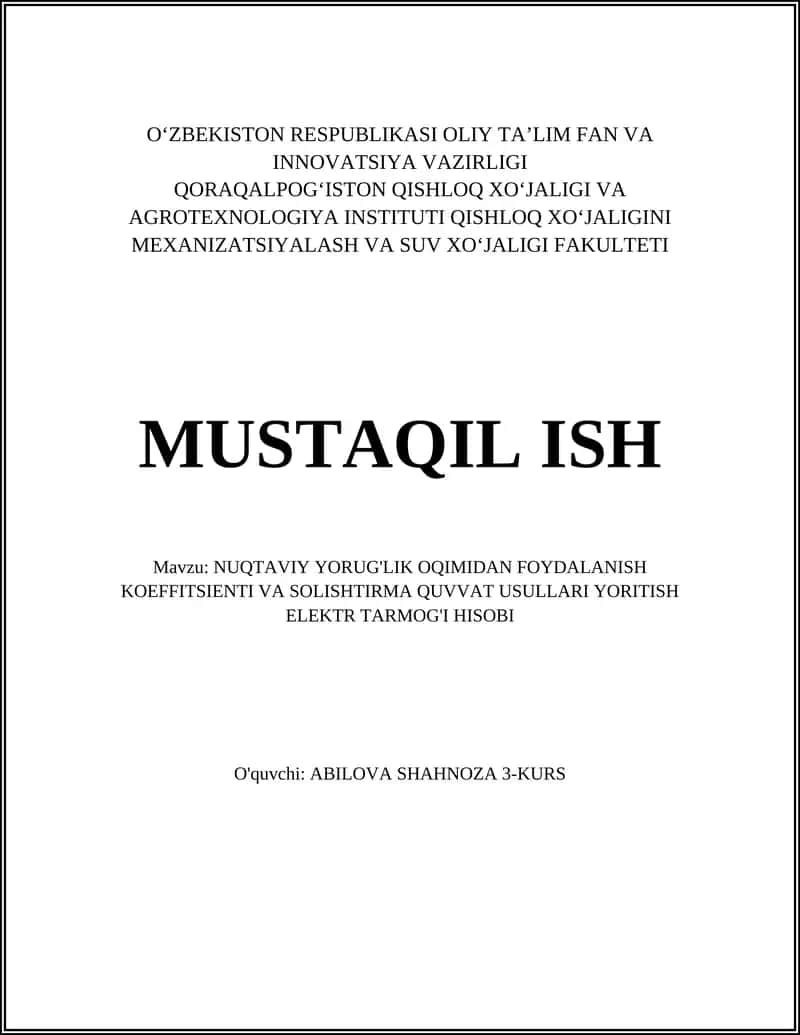 NUQTAVIY YORUG'LIK OQIMIDAN FOYDALANISH KOEFFITSIENTI VA SOLISHTIRMA QUVVAT USULLARI YORITISH ELEKTR TARMOG'I HISOBI