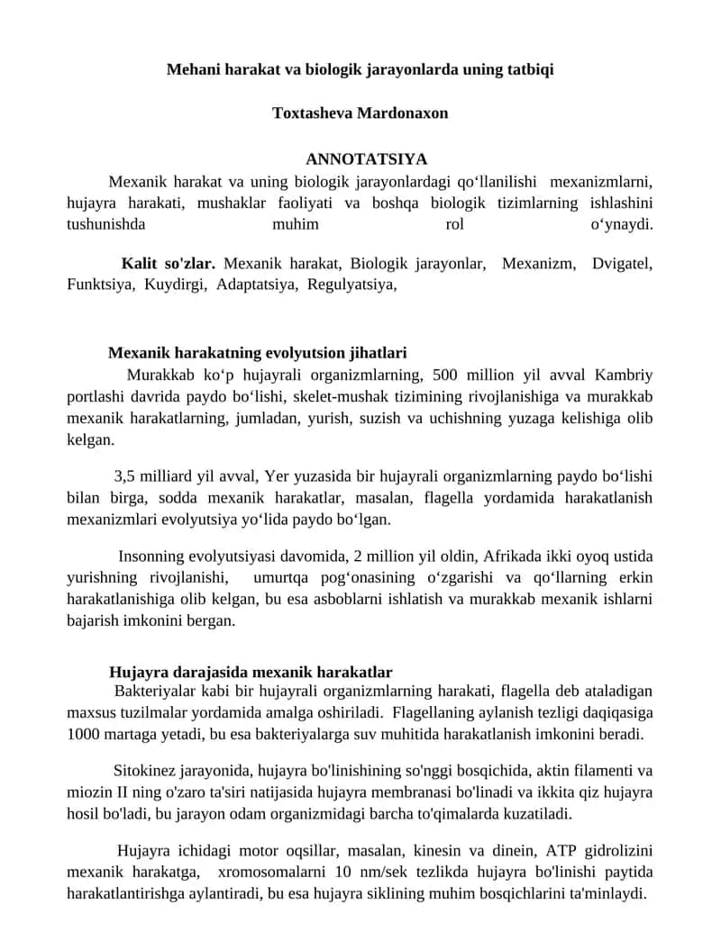 Mehani harakat va biologik jarayonlarda uning tatbiqi