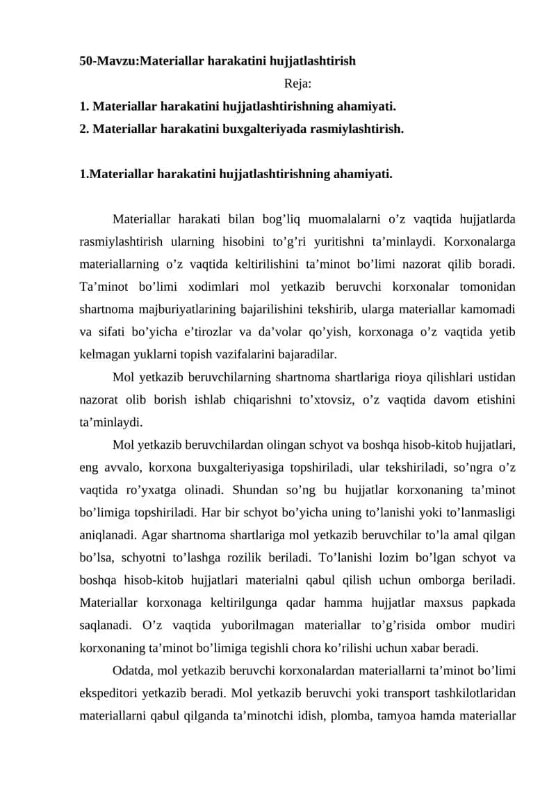 Materiallar harakatini hujjatlashtirish