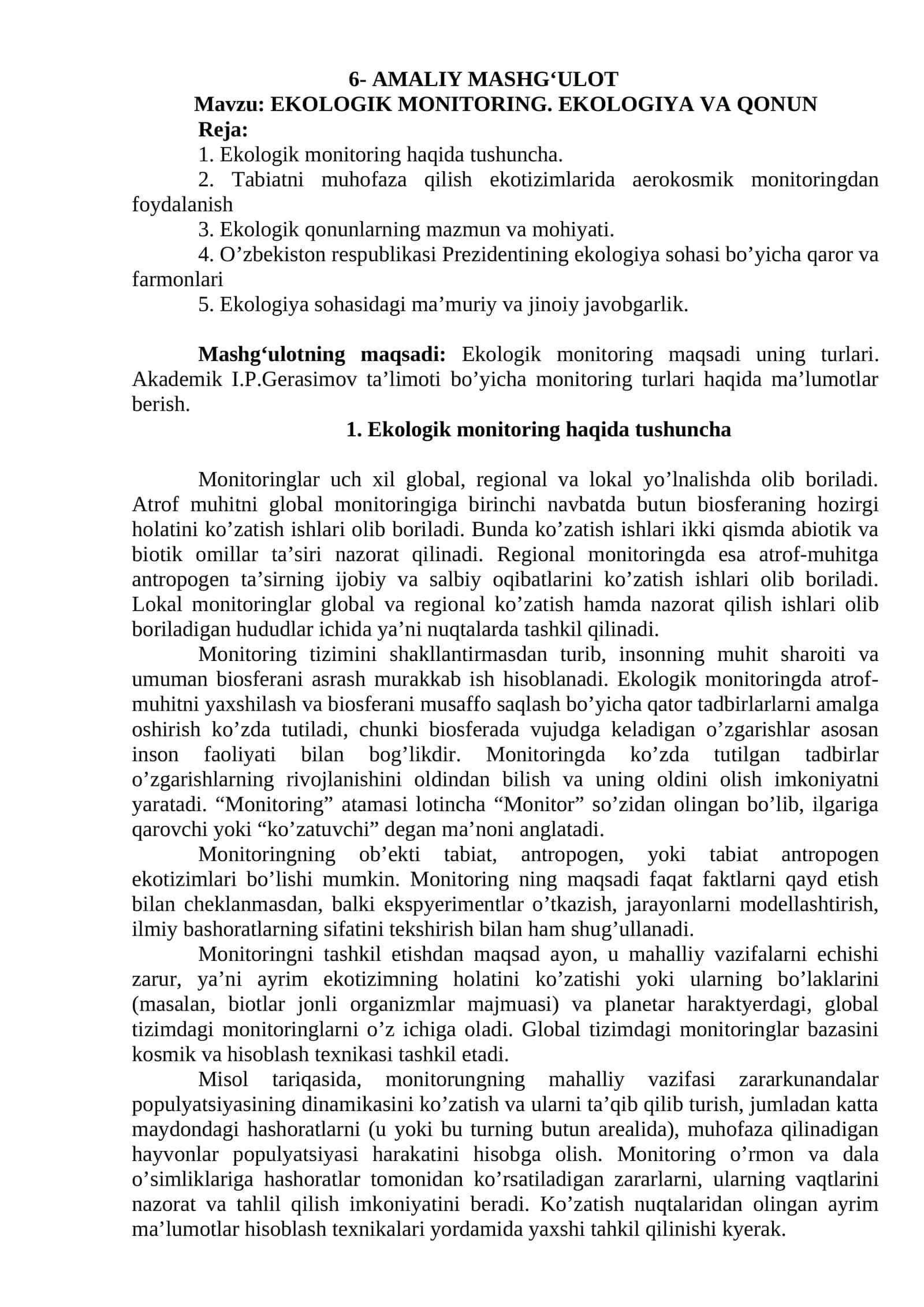 EKOLOGIK MONITORING. EKOLOGIYA VA QONUN