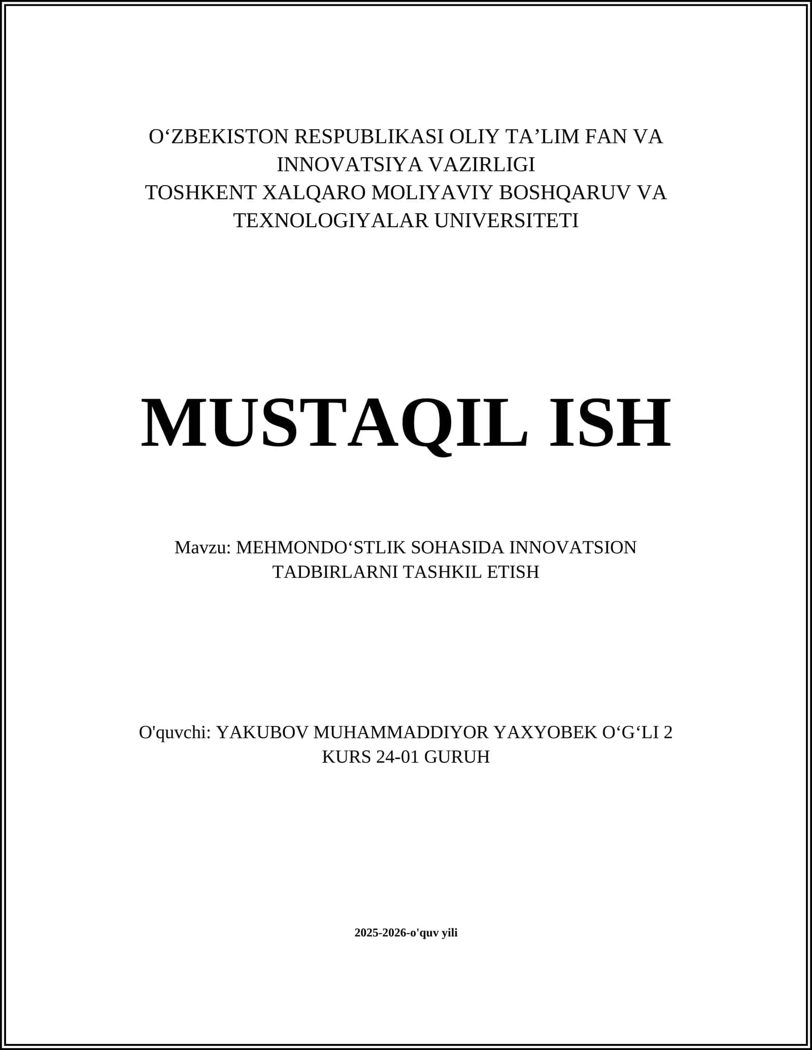 MEHMONDOʻSTLIK SOHASIDA INNOVATSION TADBIRLARNI TASHKIL ETISH