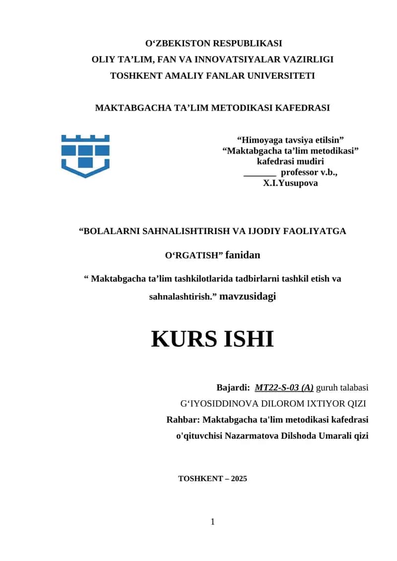 Maktabgacha ta’lim tashkilotlarida tadbirlarni tashkil etish va sahnalashtirish