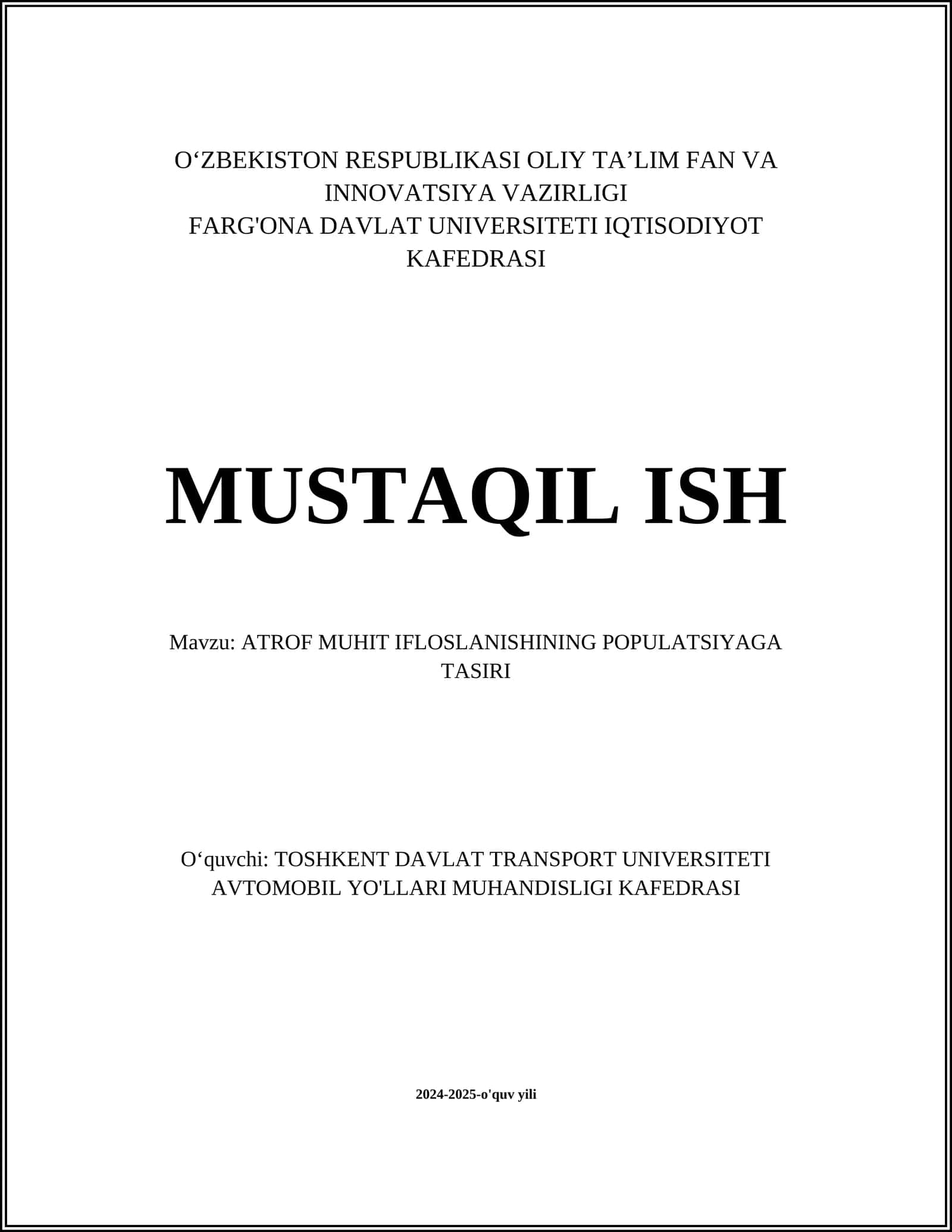 ATROF MUHIT IFLOSLANISHINING POPULATSIYAGA TASIRI