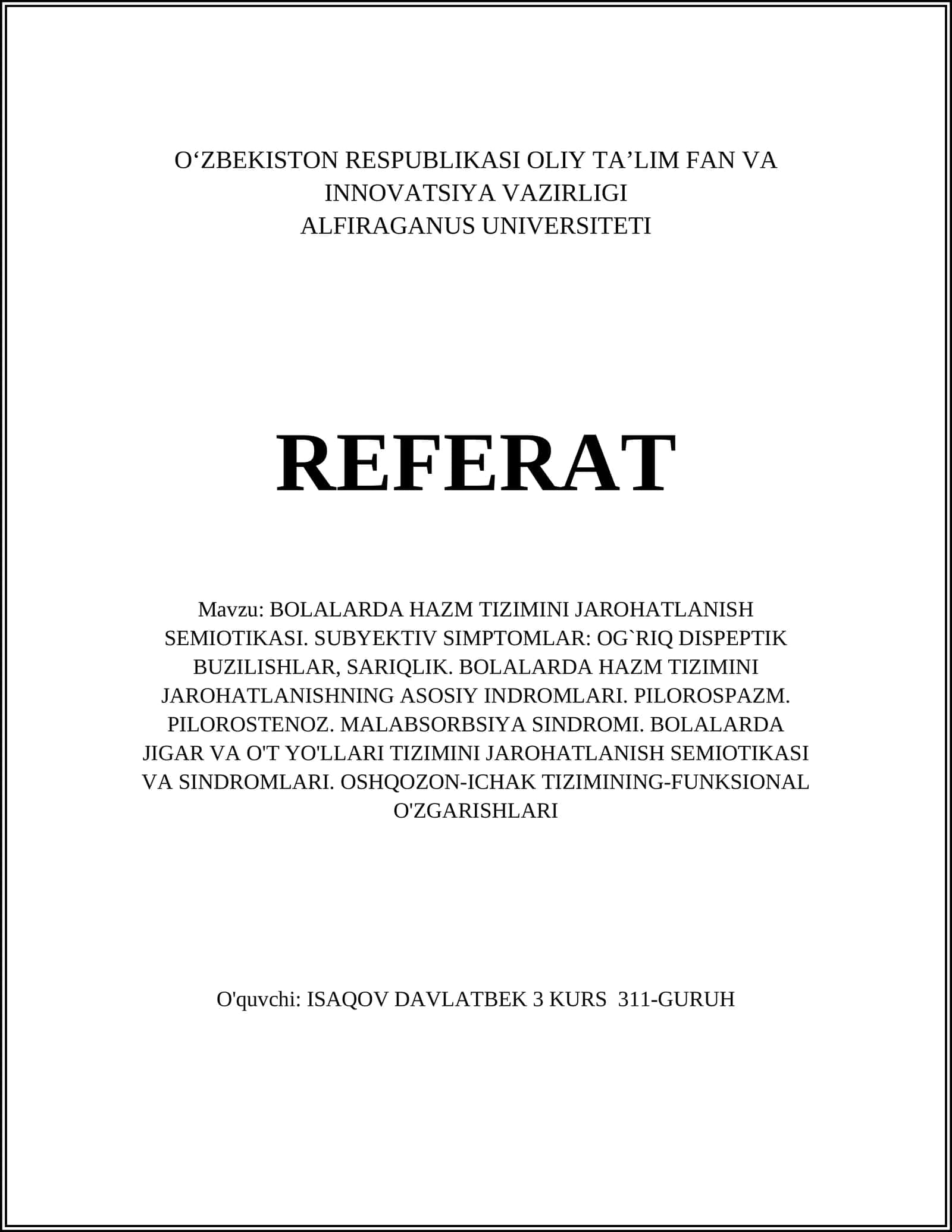 Bolalarda hazm tizimini jarohatlanish semiotikasi