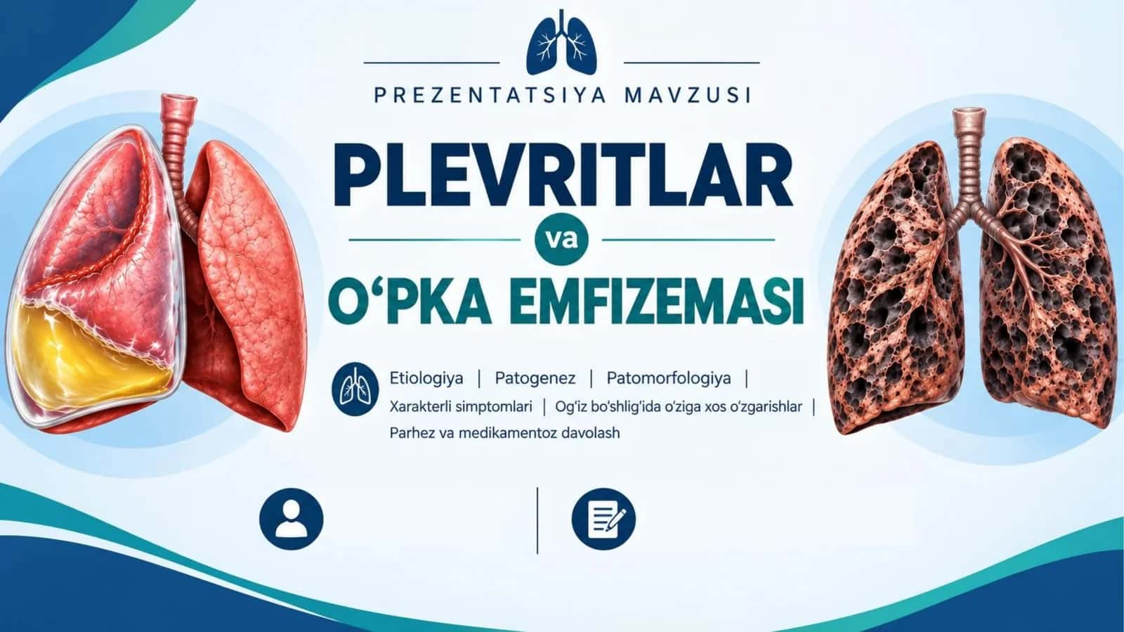 Plevritlar etiologiya, patogenez, patomorfologiya, xarakterli simptomlari. Unda og'iz bo'shlig'ida o'ziga xos o'zgarishlar parhez va medikamentoz davolash. O'pka emfizemasi: etiologiya, patogenez, patomorfologiya, xarakterli simptomlar, og'iz bo'shlig'ida oʻziga xos o'zgarishlar, parhez va medikamentoz davolash.