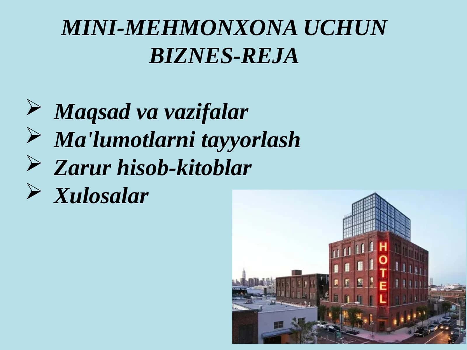 MINI-MEHMONXONA UCHUN BIZNES-REJA