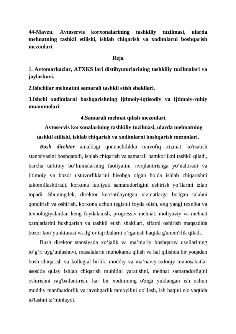 Avtoservis korxonalarining tashkiliy tuzilmasi va boshqarilishi
