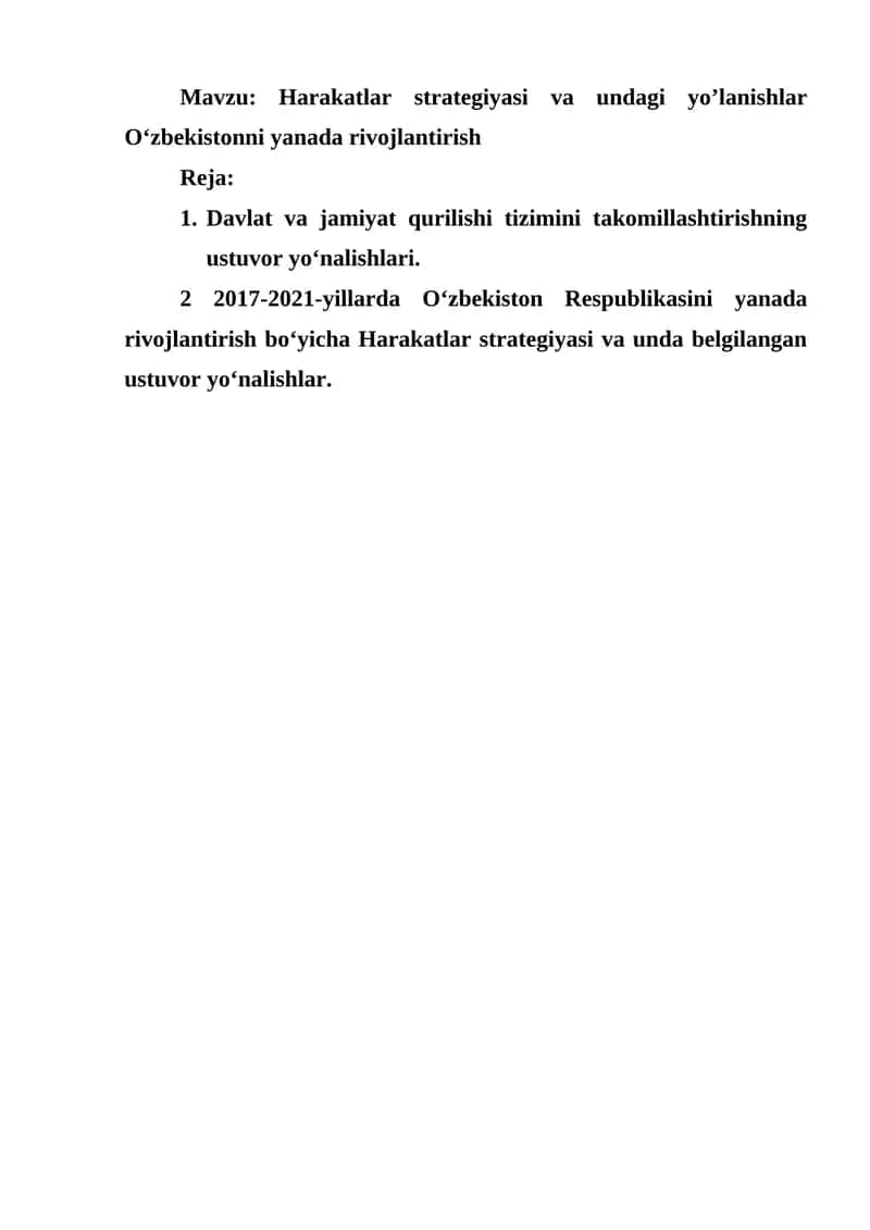 Harakatlar strategiyasi va undagi yo’lanishlar O‘zbekistonni yanada rivojlantirish
