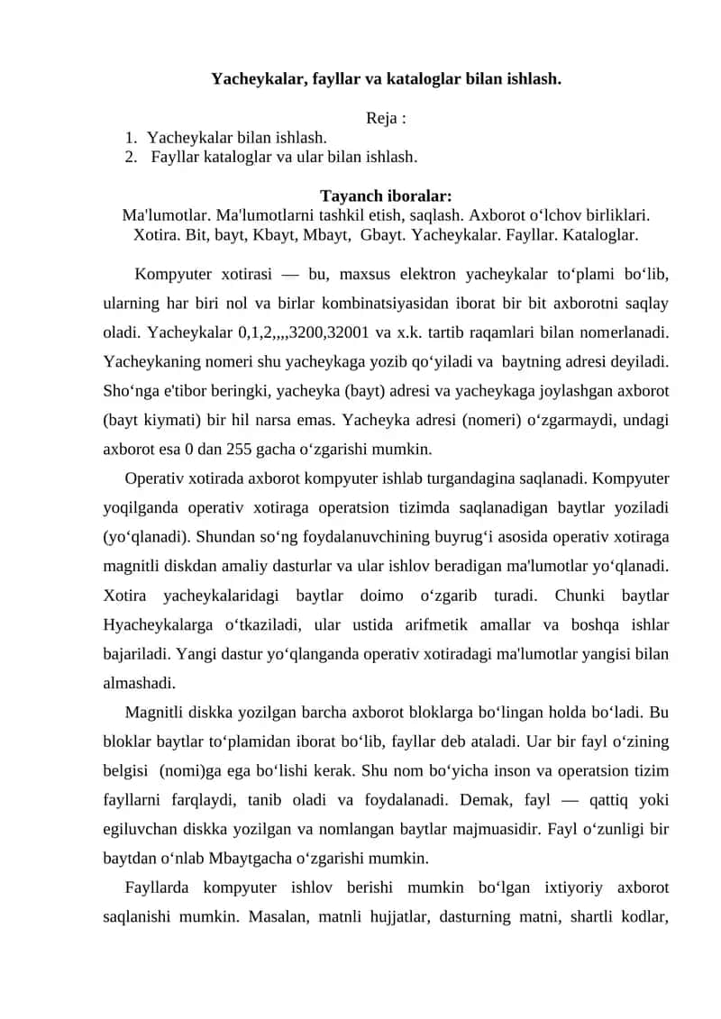 Yacheykalar, fayllar va kataloglar bilan ishlash