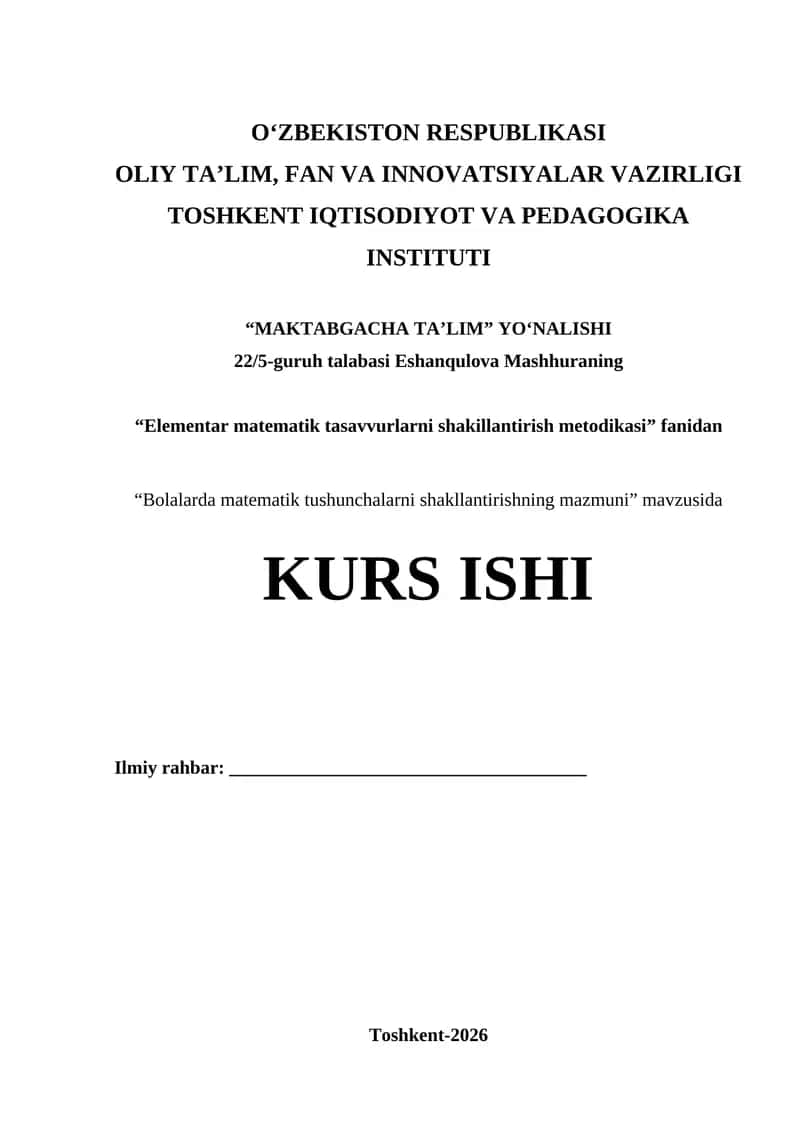 Elementar matematik tasavvurlarni shakillantirish metodikasi