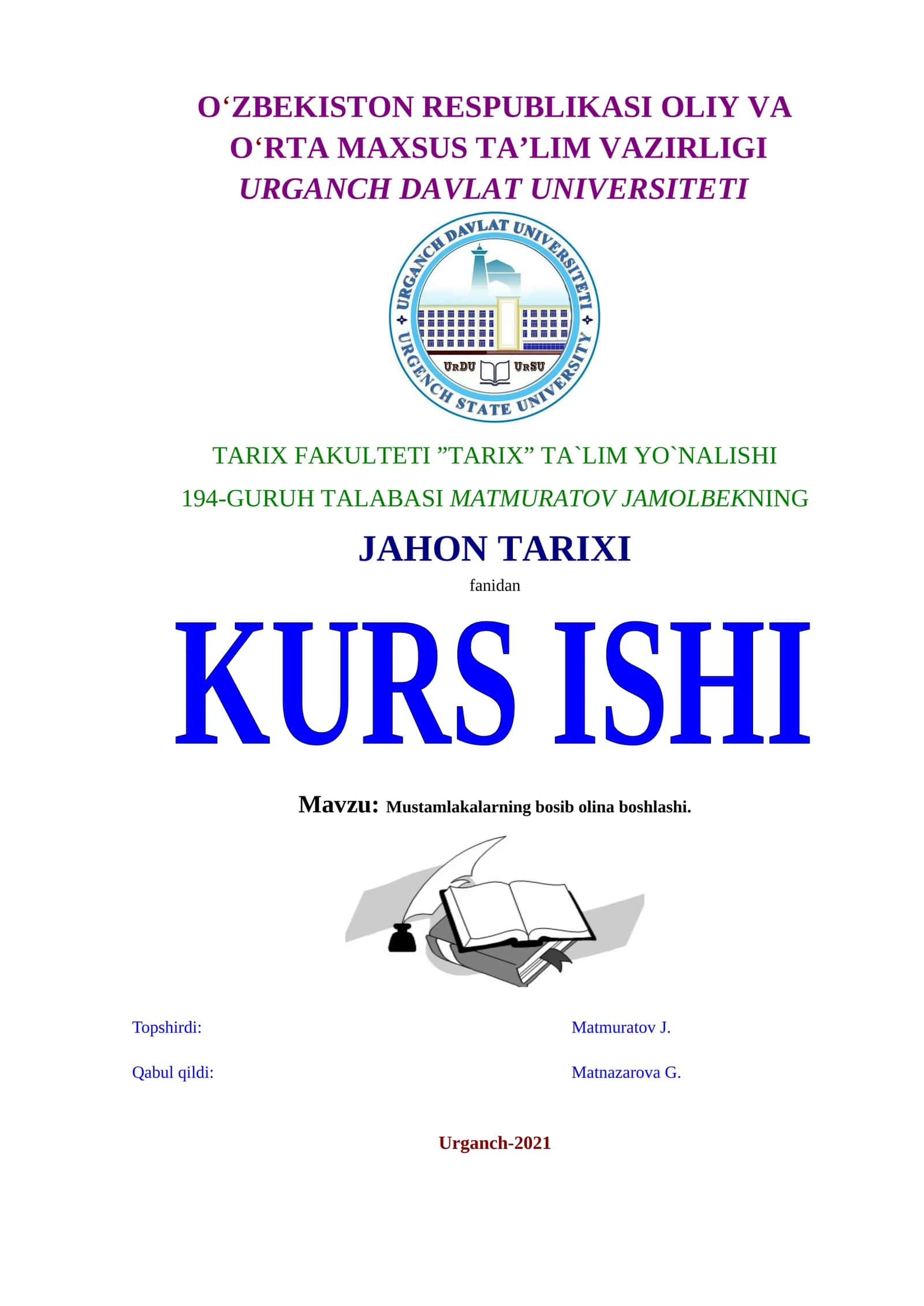 JAHON TARIXI KURS ISHI