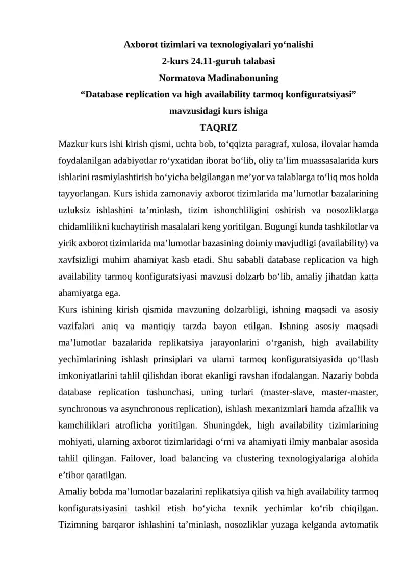 Database replication va high availability tarmoq konfiguratsiyasi