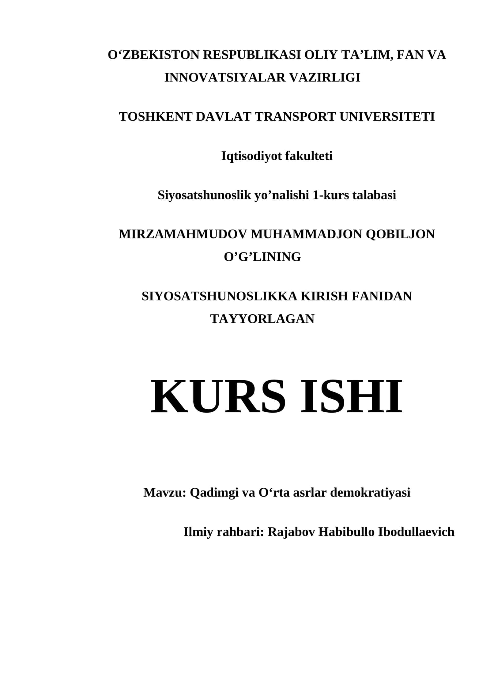 QADIMGI VA O‘RTA ASRLAR DEMOKRATIYASI MUNDARIJA