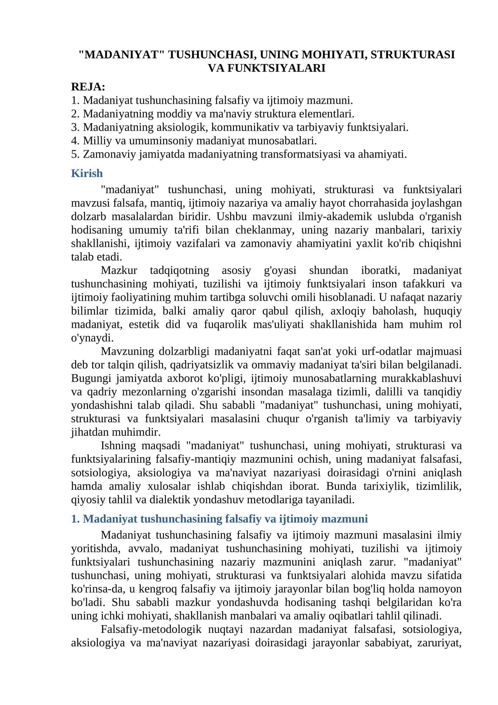 "MADANIYAT" TUSHUNCHASI, UNING MOHIYATI, STRUKTURASI VA FUNKTSIYALARI