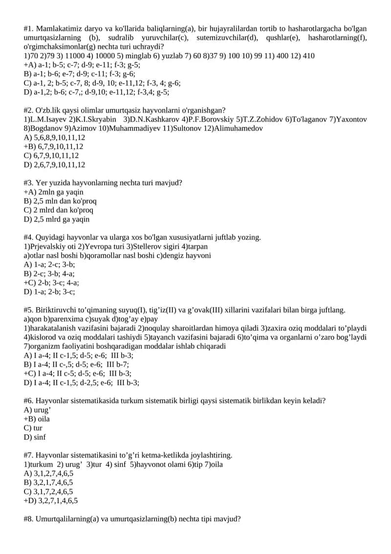 Biologiya fanidan test savollari