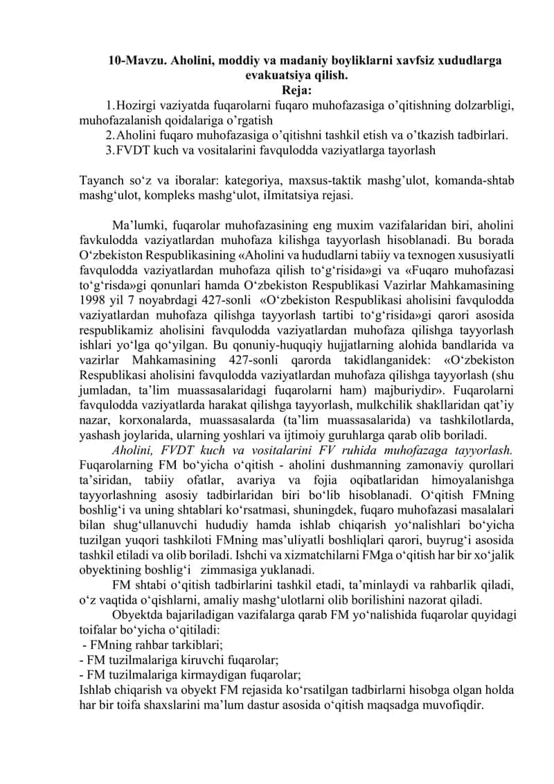 Aholini, moddiy va madaniy boyliklarni xavfsiz xududlarga evakuatsiya qilish