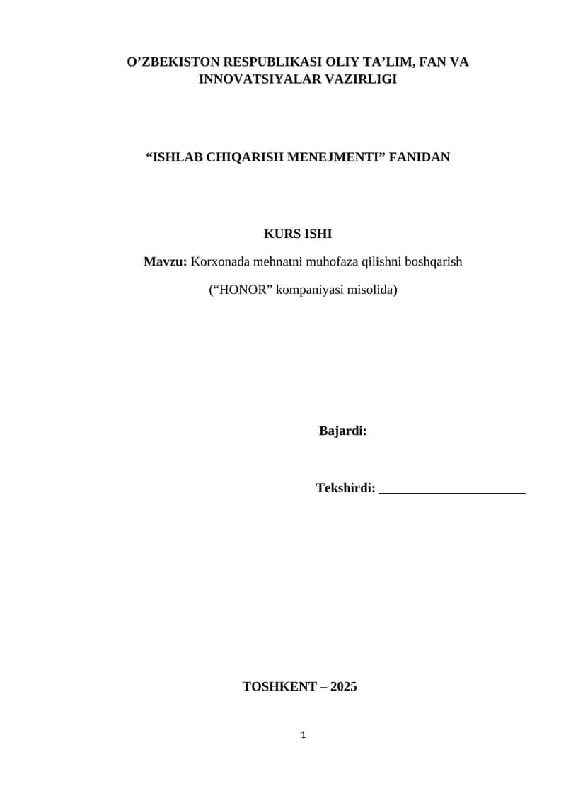 Korxonada mehnatni muhofaza qilishni boshqarish