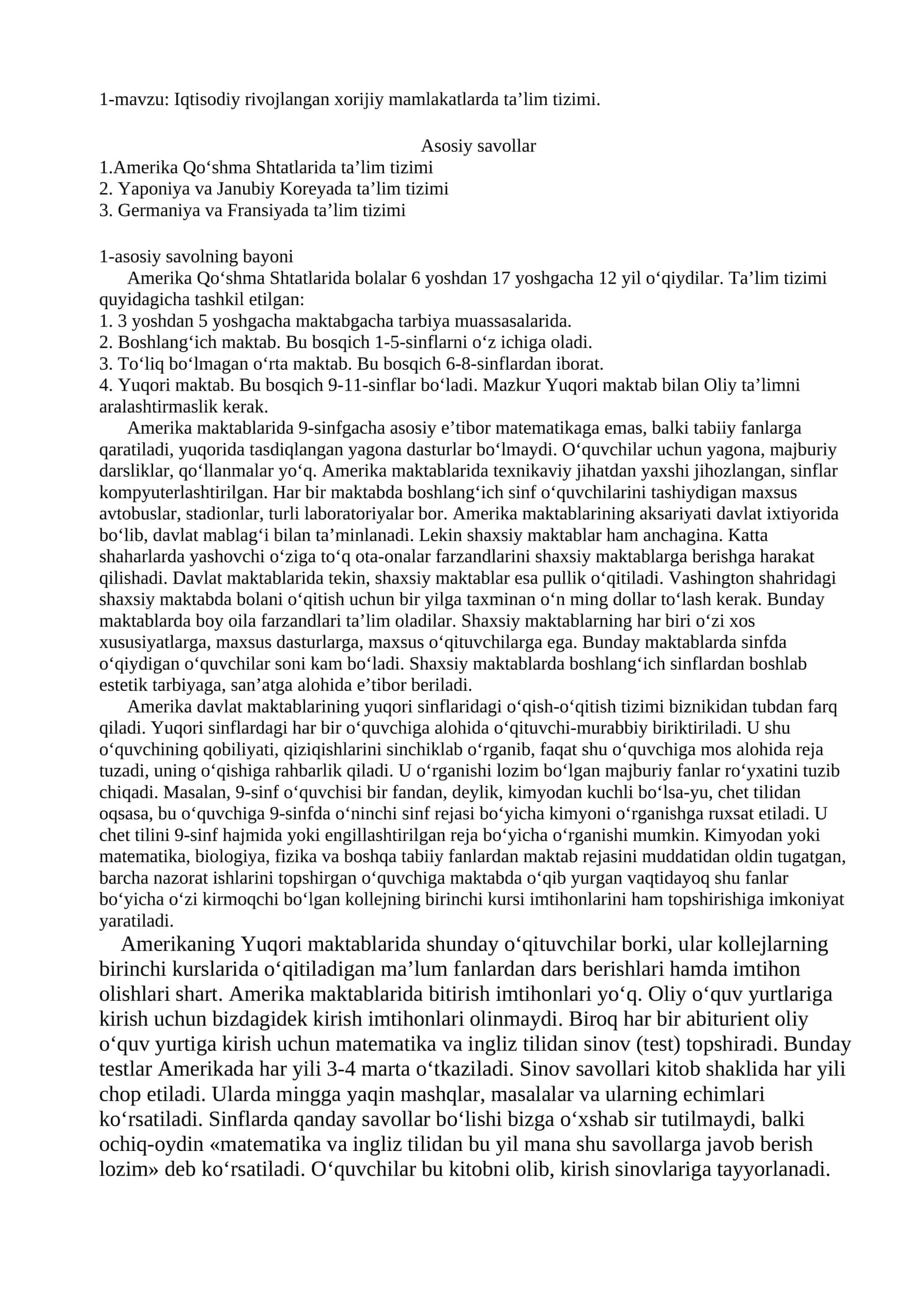 Iqtisodiy rivojlangan xorijiy mamlakatlarda ta’lim tizimi