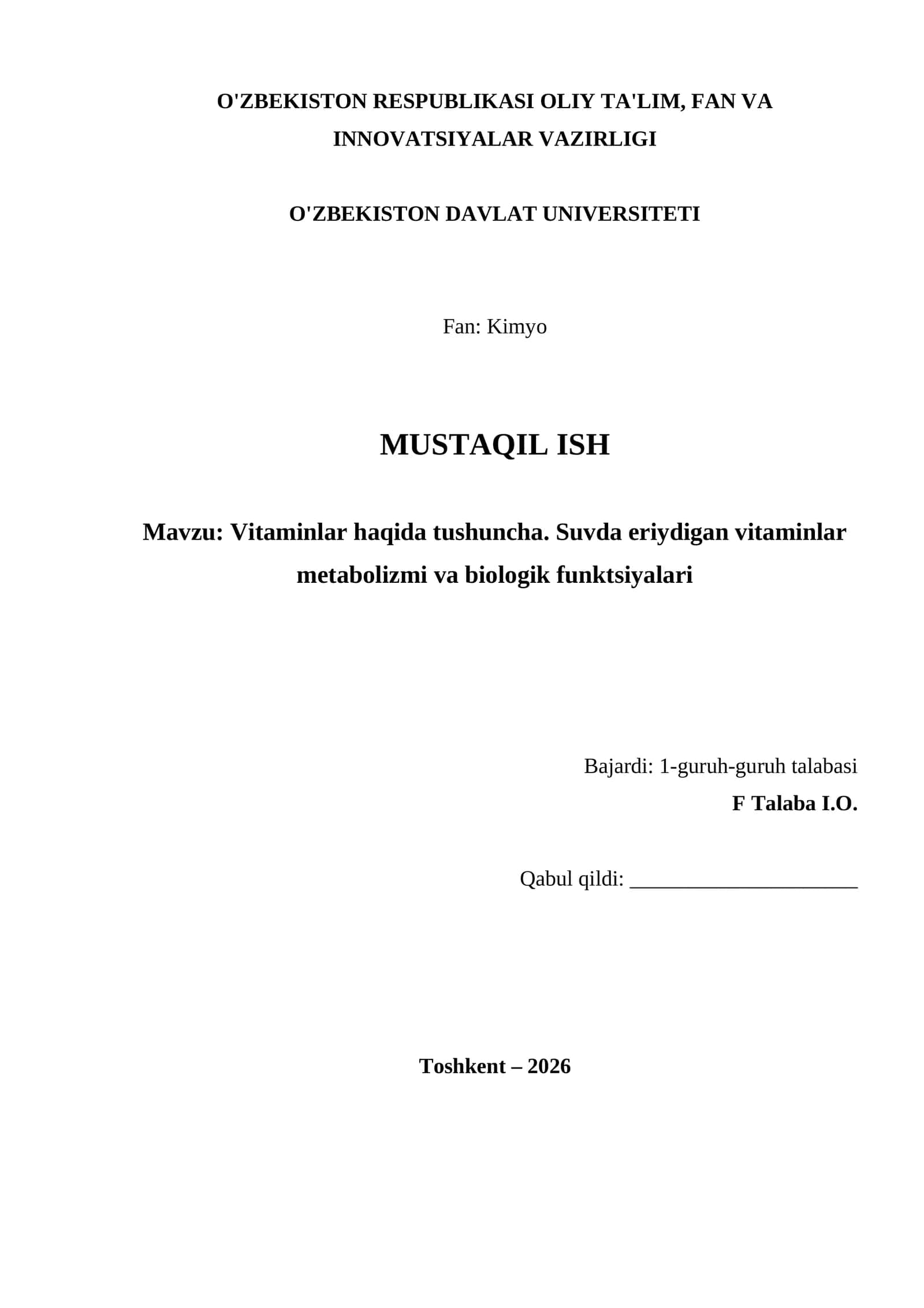 Vitaminlar haqida tushuncha. Suvda eriydigan vitaminlar metabolizmi va biologik funktsiyalari