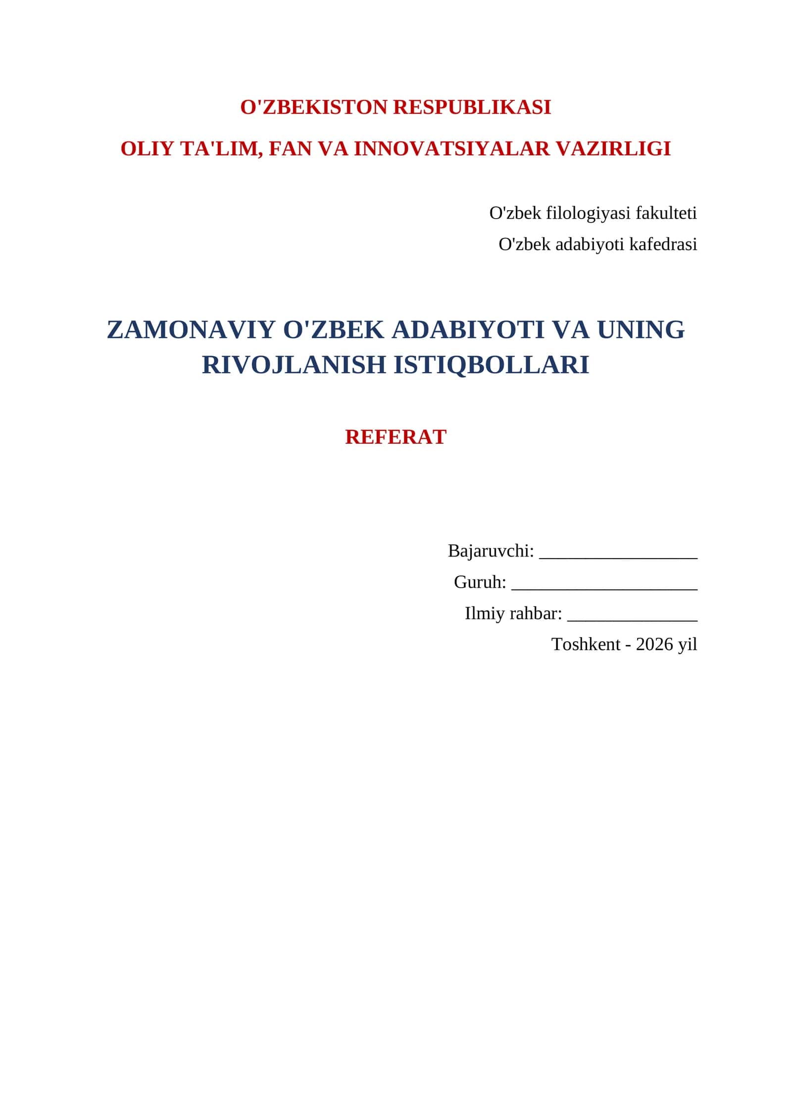 Zamonaviy O'zbek adabiyoti va uning rivojlanish istiqbollari
