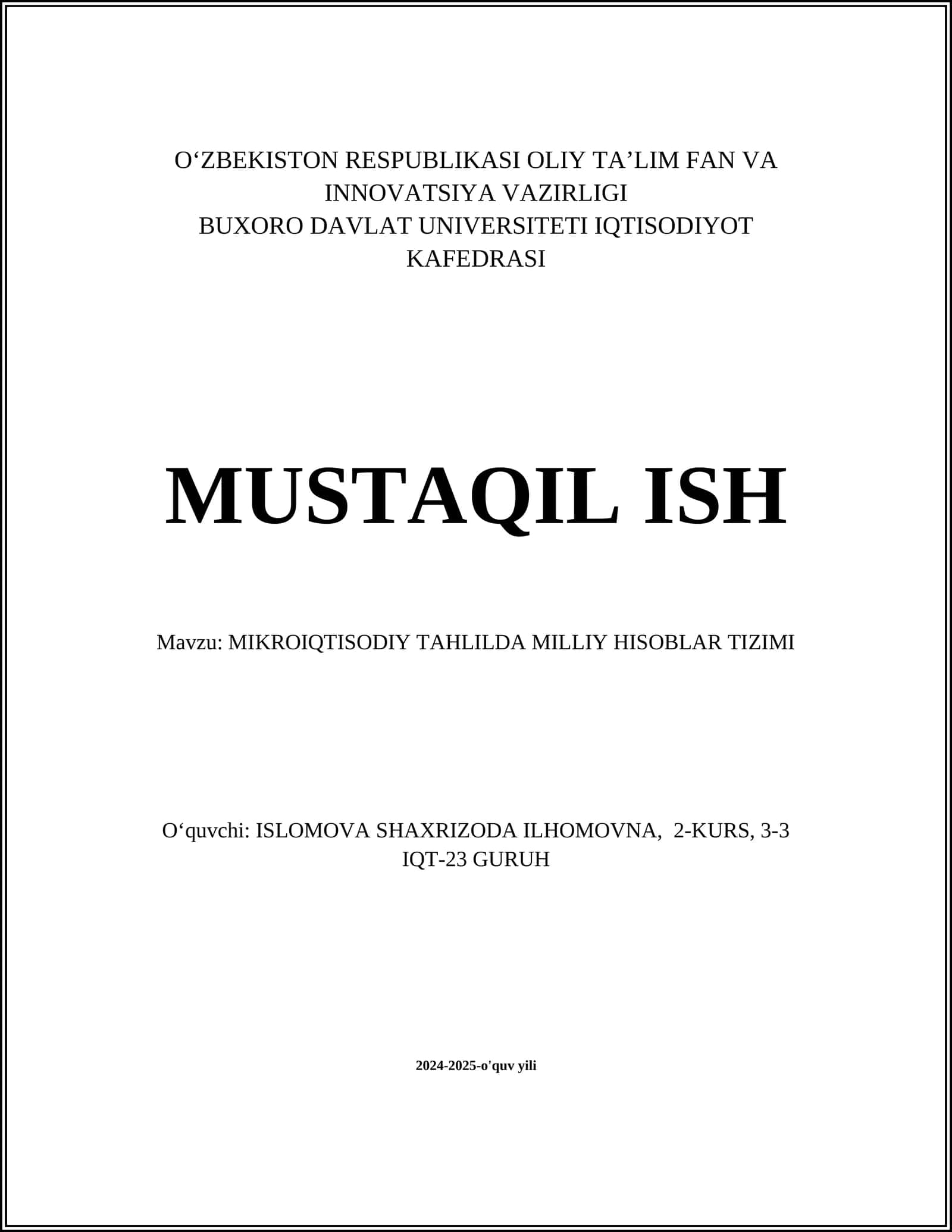 MIKROIQTISODIY TAHLILDA MILLIY HISOBLAR TIZIMI