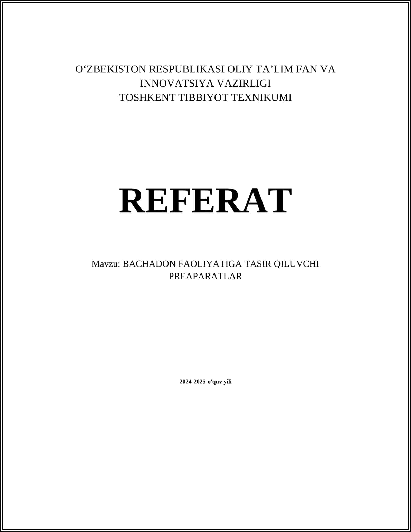 TOSHKENT TIBBIYOT TEXNIKUMI REFERAT