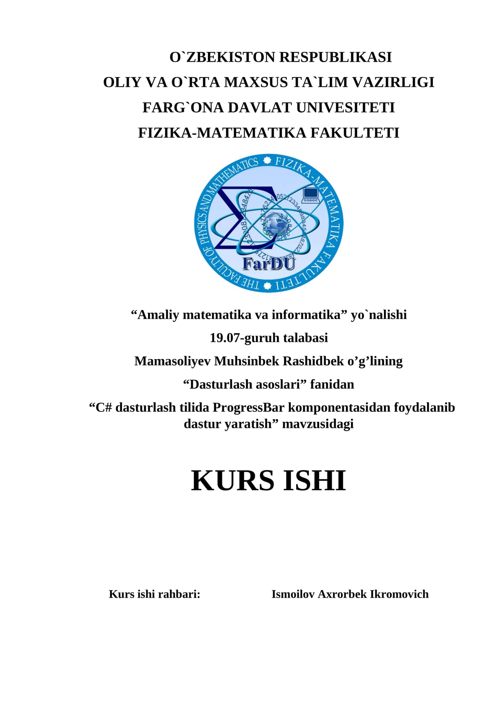 C# dasturlash tilida ProgressBar komponentasidan foydalanib dastur yaratish