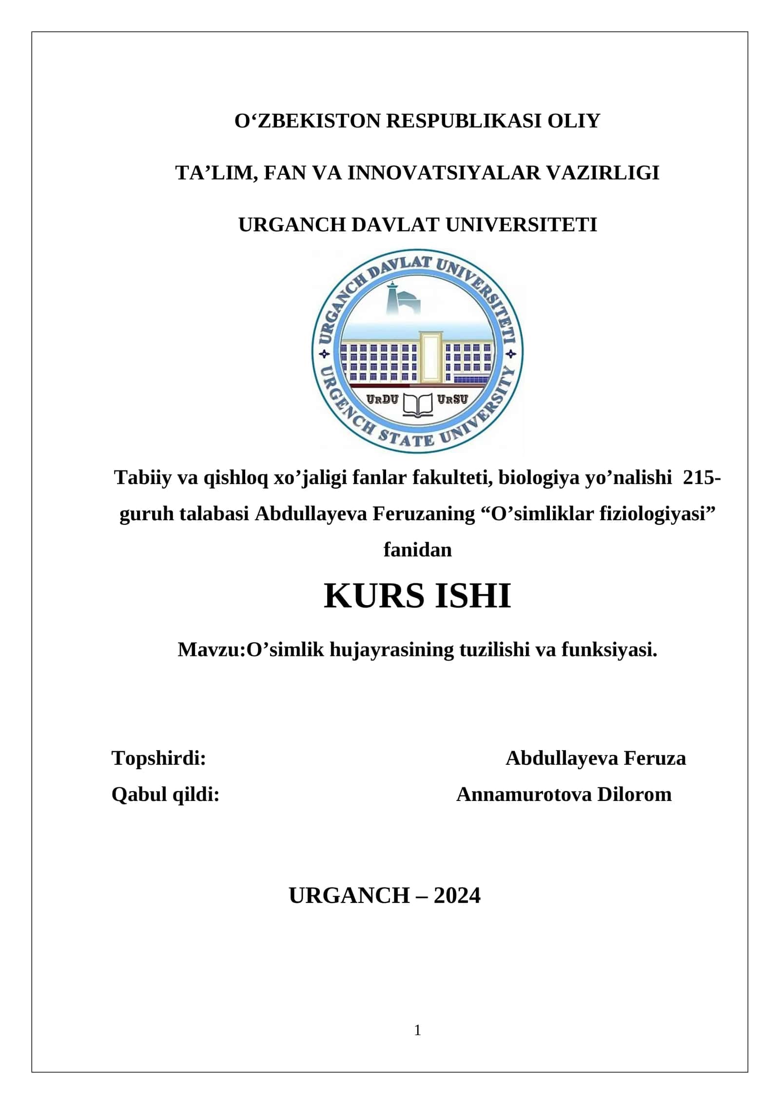 O’simlik hujayrasining tuzilishi va funksiyasi