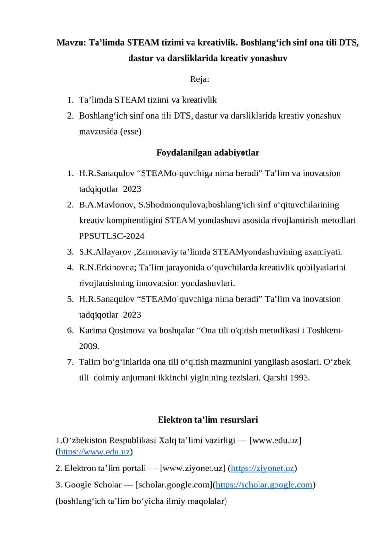 Ta’limda STEAM tizimi va kreativlik. Boshlang‘ich sinf ona tili DTS, dastur va darsliklarida kreativ yonashuv
