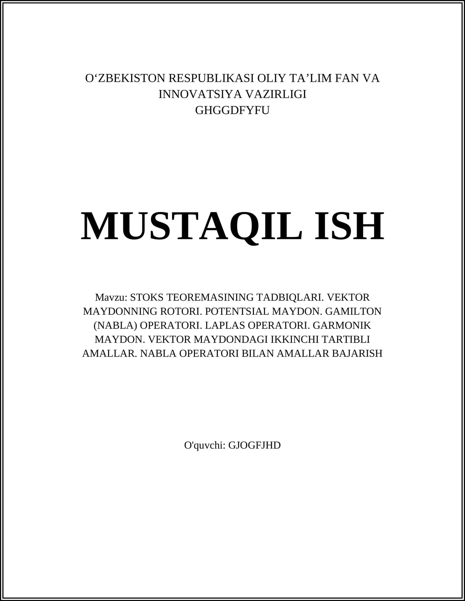 STOKS TEOREMASINING TADBIQLARI