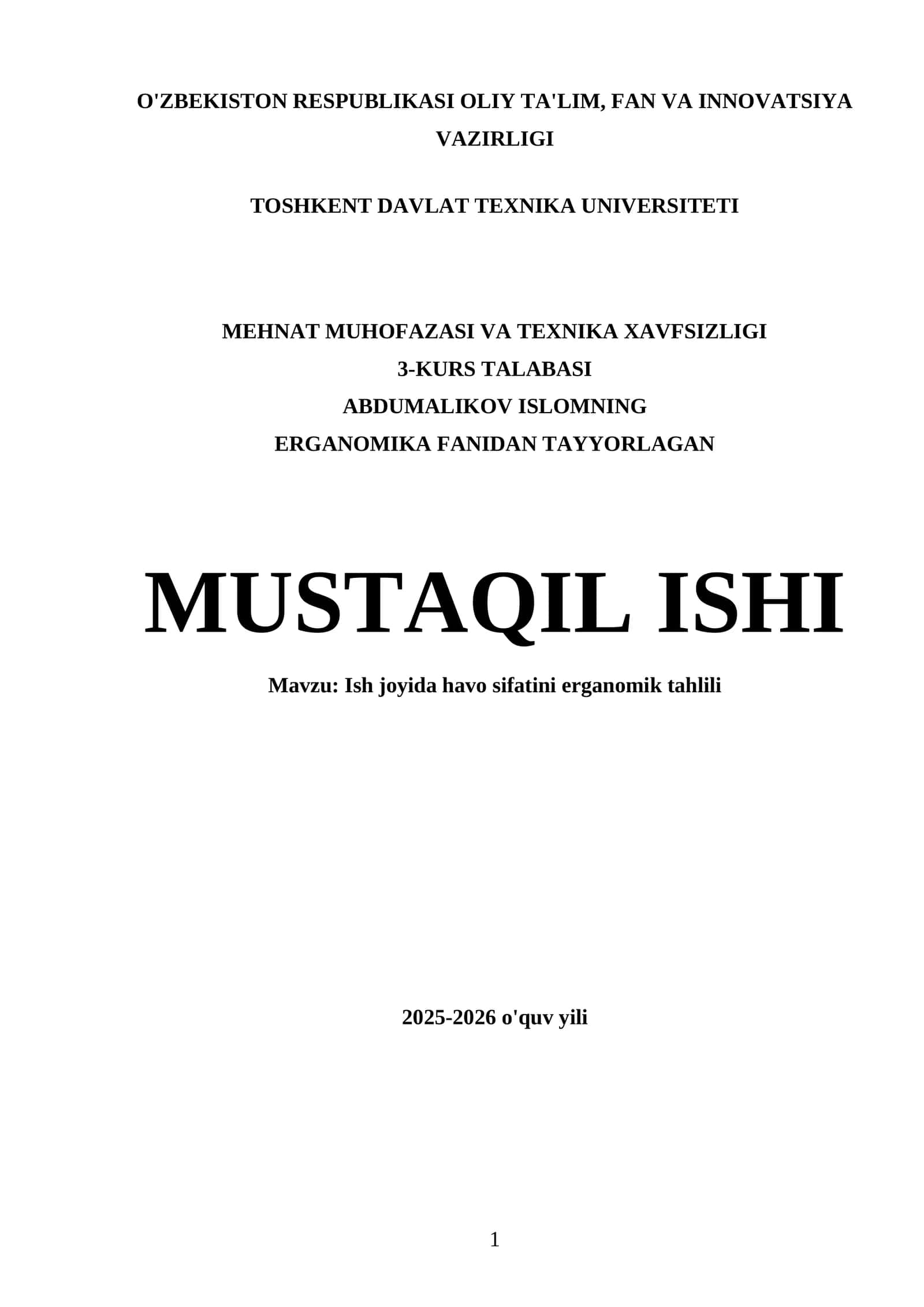 Ish joyida havo sifatini erganomik tahlili