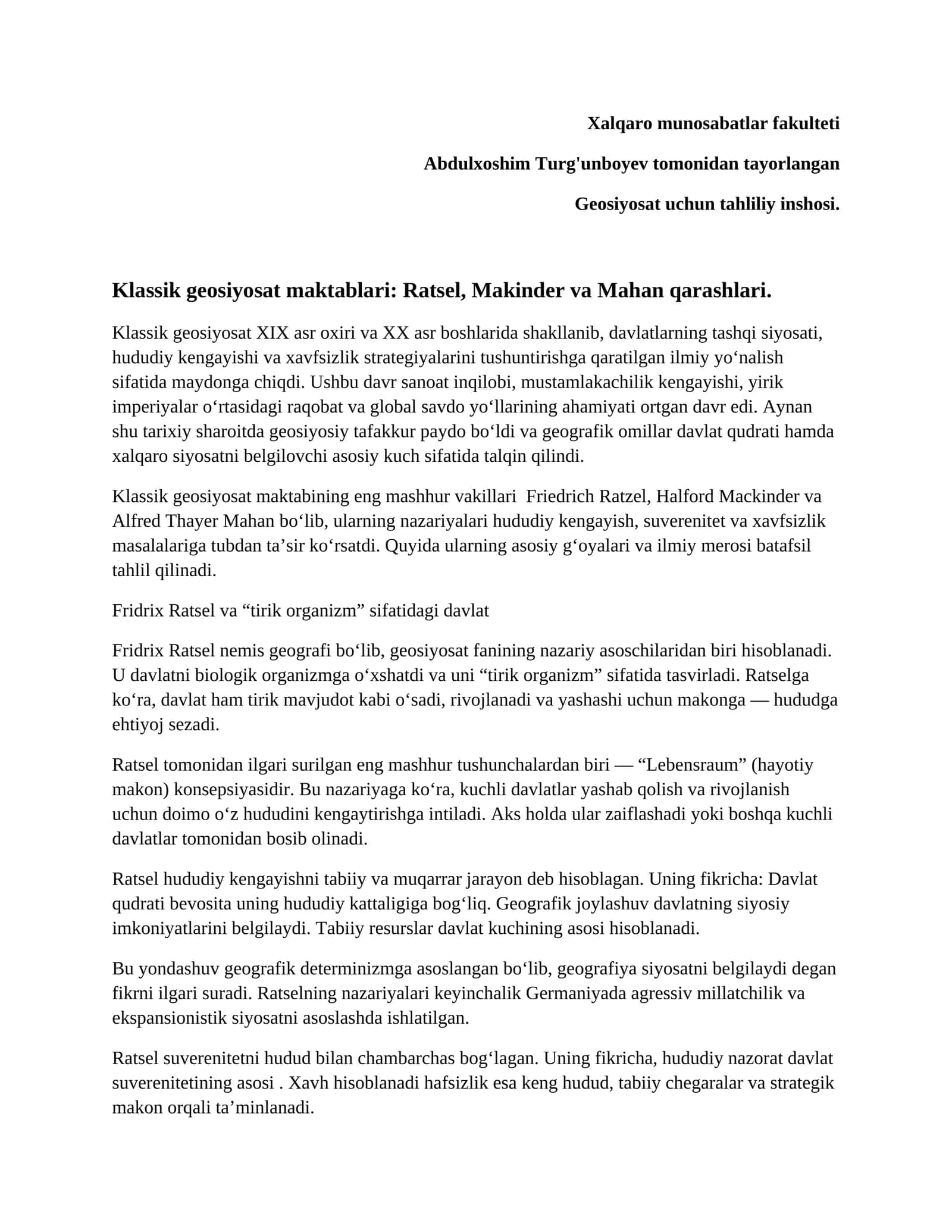 Klassik geosiyosat maktabi: Ratsel, Makinder va Mahan qarashlari